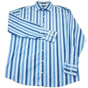 J Ferrar Vtg Shirt Stripe Blue Green Cotton XL 17.5 36 37 Mens Button Y2K Preppy